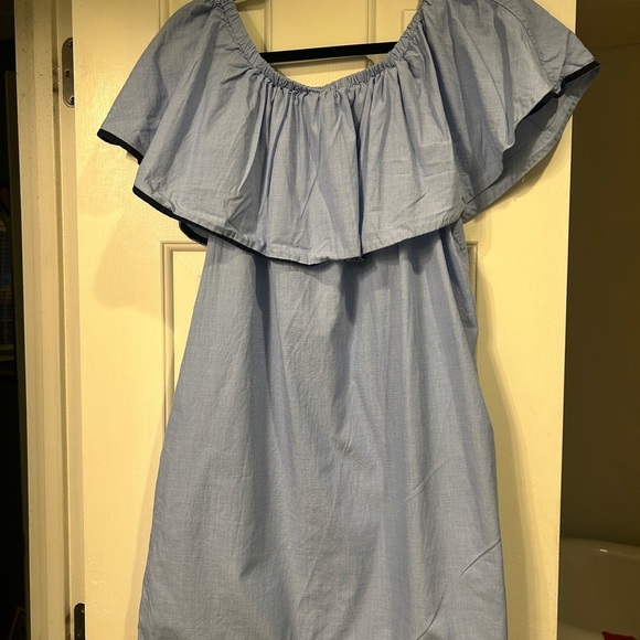 J. CREW Tipped Off The Shoulder Ruffle Blue Cotton Mini Dress XS - Picture 9 of 9